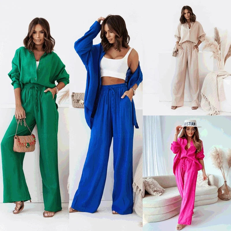 Solid colour long sleeve blouse and pants set in European and American Ins style
