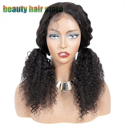 Brazilian Kinky Curly Lace Front Wig in natural color, showcasing voluminous curls and a natural hairline.