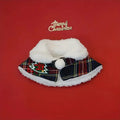 A red background festive bell design polyester scarf for a dog around its neck.