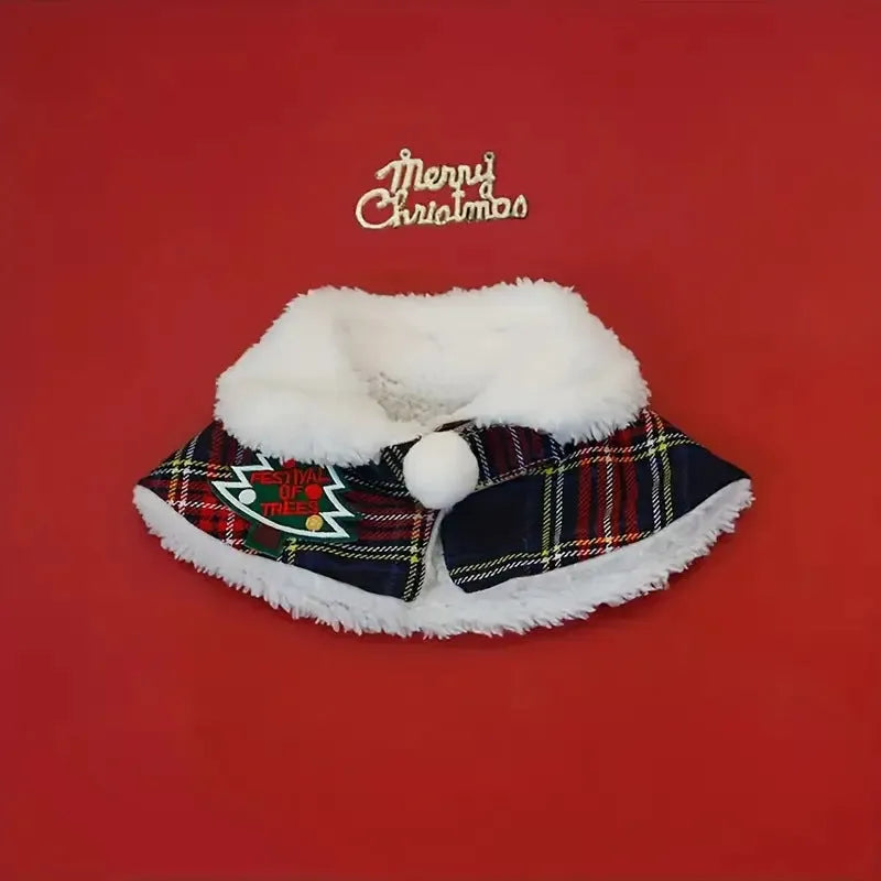 A red background festive bell design polyester scarf for a dog around its neck.