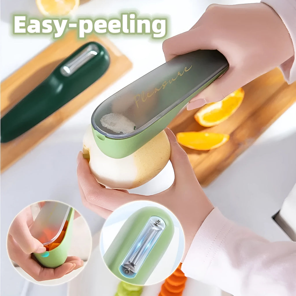 Dark green peeling knife with a storage tube over the blade and a hole in the end of the handle.