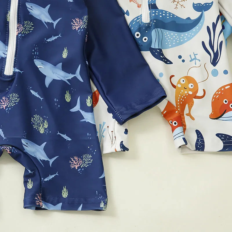 Children’s polyester jumpsuit swimsuit with hat in dark blue shark design, size 100