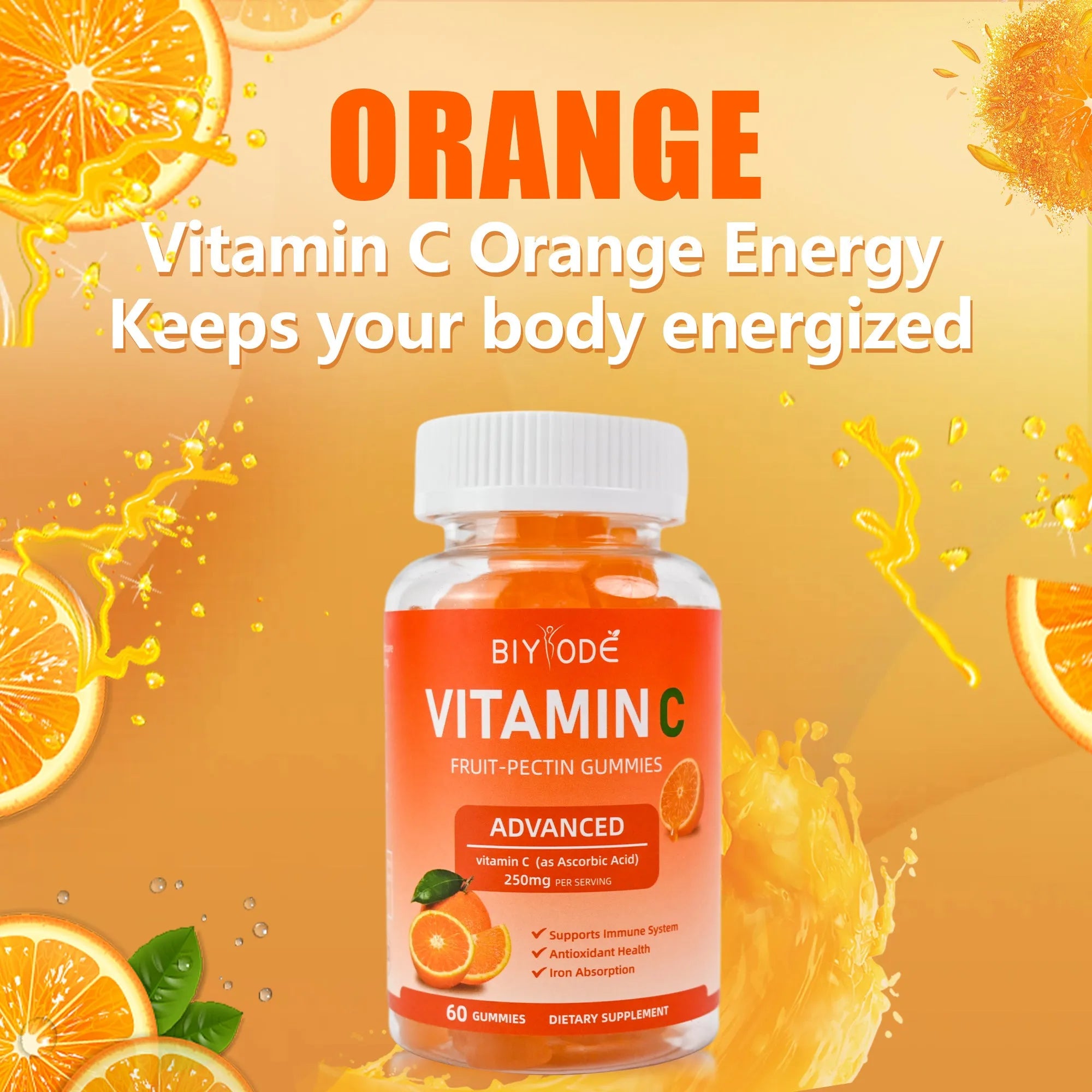 Vitamin C gummies in a bottle, vegan sugar-free immune support supplement, 60 gummies per container