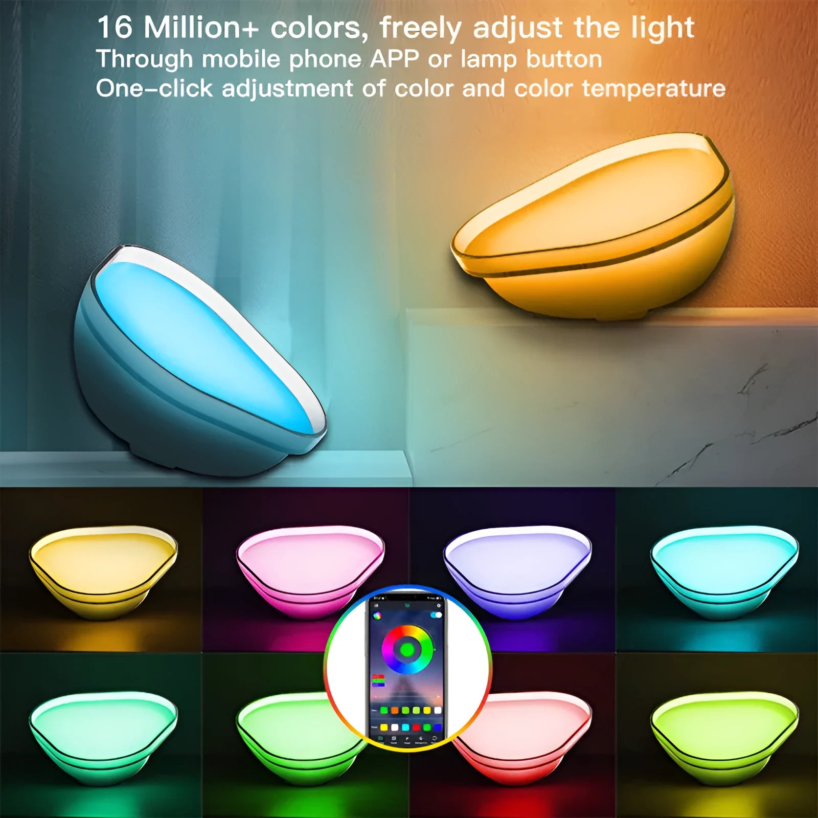 16-colour smart WiFi Bluetooth desk lamp with PVC shade, 155mm, RGBIC lighting on a bedside table