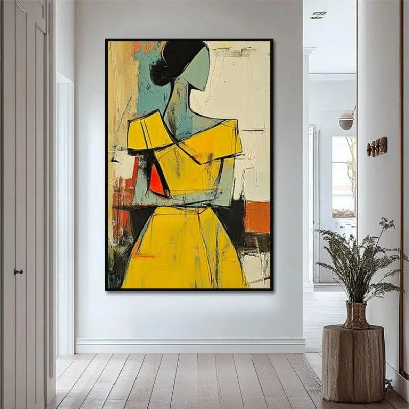Hand-painted abstract oil painting of people in brown and yellow with vertical canvas and wabi sabi texture