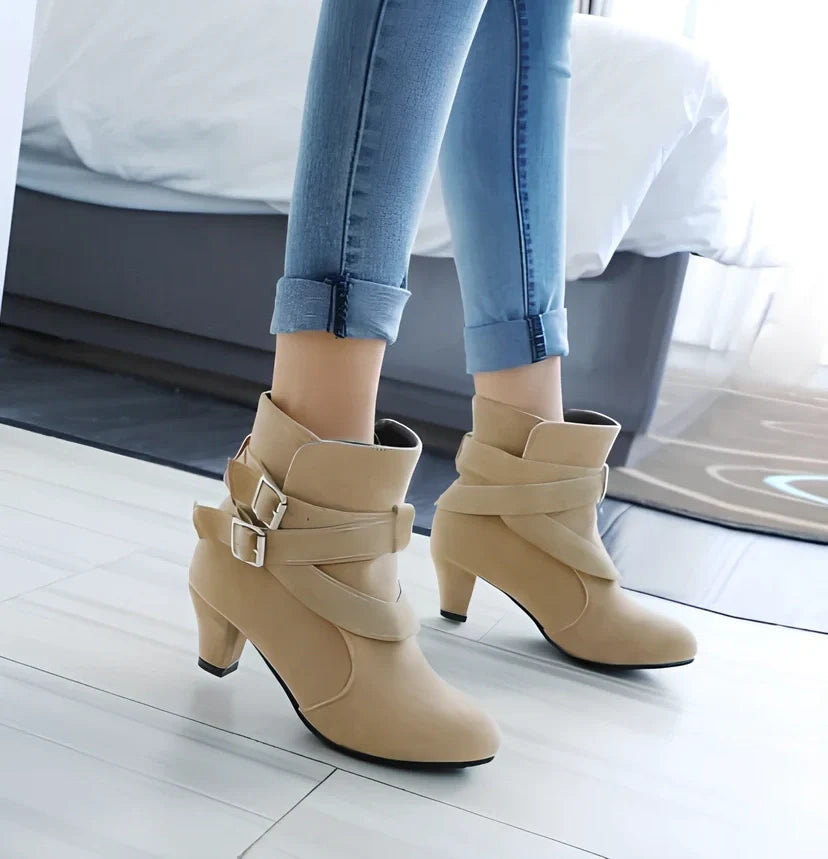 Women's suede ankle boots in beige with 6-8cm heel, side zipper, and rubber sole for warm casual wear