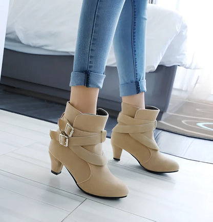 Women's suede ankle boots in beige with 6-8cm heel, side zipper, and rubber sole for warm casual wear