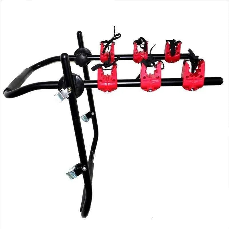 Black and red trunk-mounted car bike rack with iron frame, shown with tie rope fastenings.