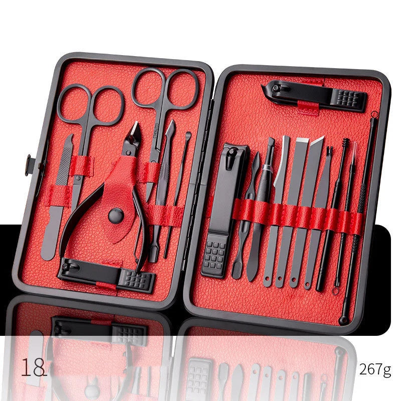 Professional Nail Care Set with stainless steel tools in a leather case