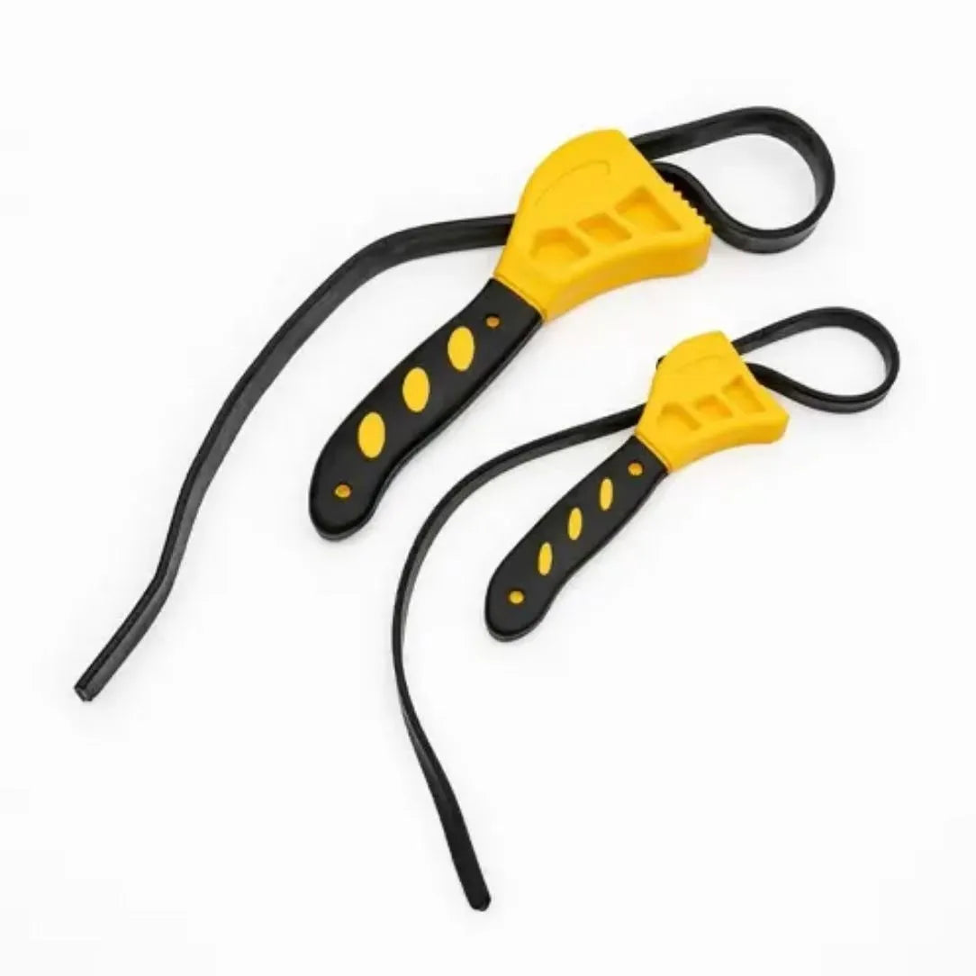 A black adjustable rubber strap wrench set showing 6-inch and 8-inch sizes on a white background.