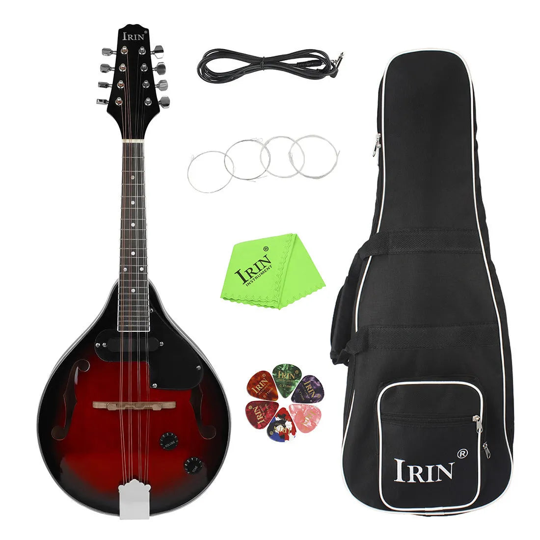 Red black edge electric sound mandolin with eight strings and included accessories