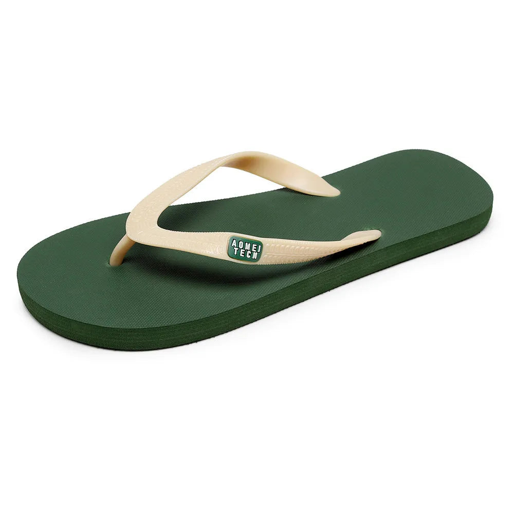 Men's flip-flops with rubber sole and EVA upper in black, green, orange, and grey colour options.