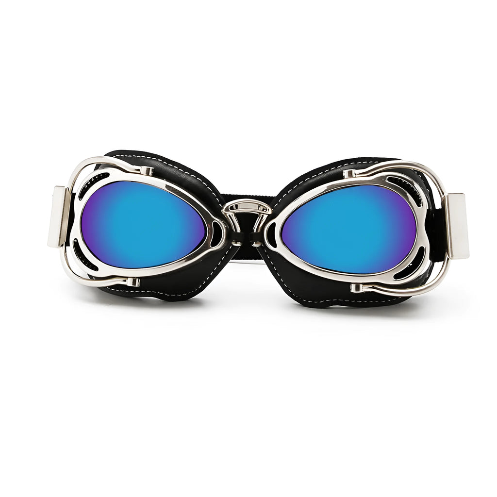 Motorcycle retro pilot hat wind-proof goggles with REVO blue lens and black PU frame