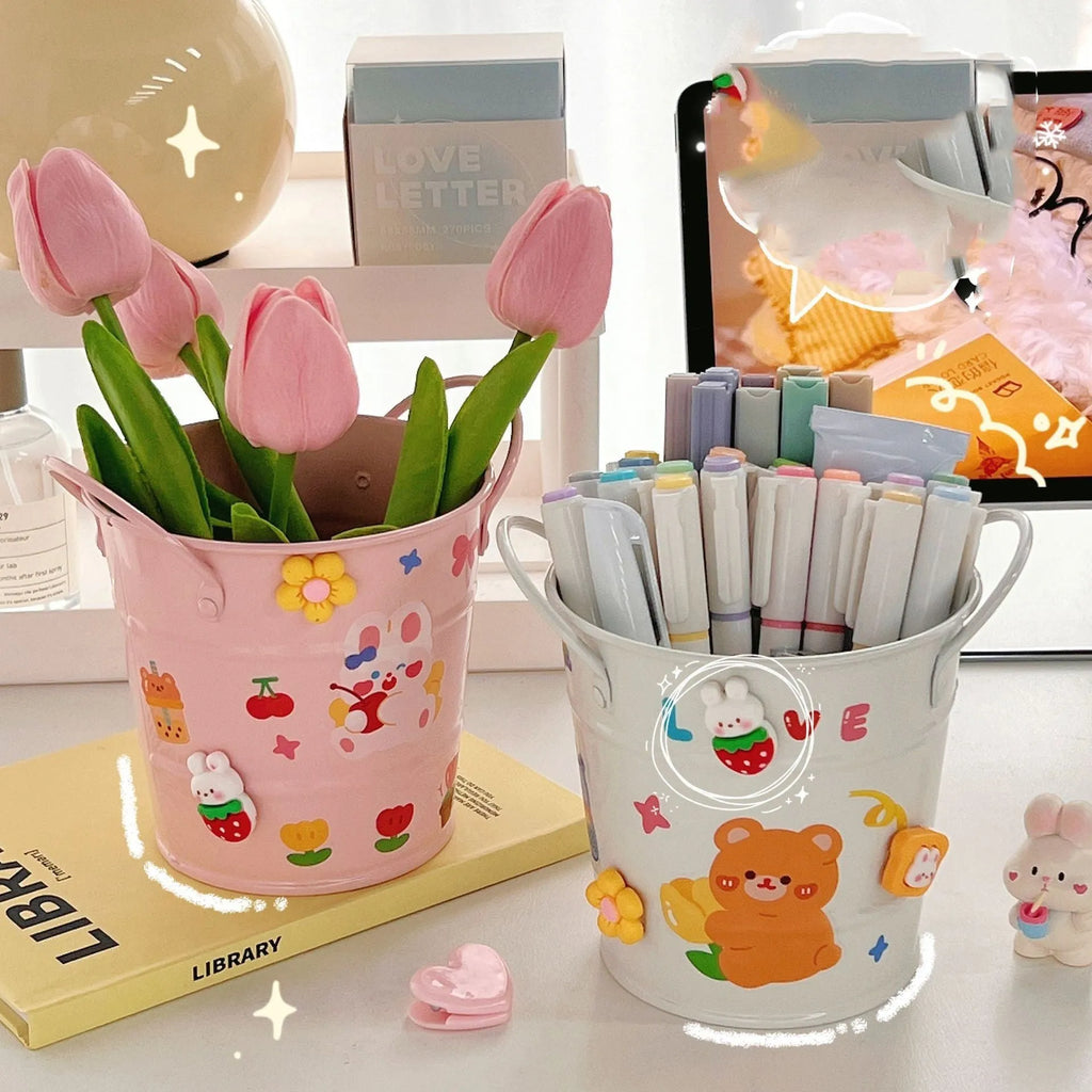 Metal round pen holder in multiple colours with decorative sticker patch options