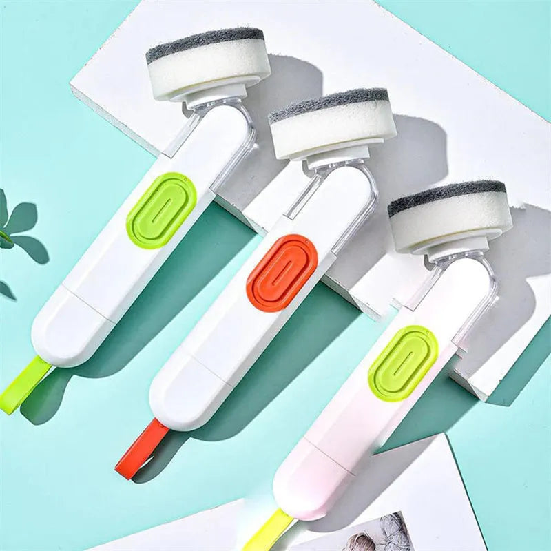 White and red long-handle kitchen cleaning brush with integrated soap dispenser button and two brush heads.