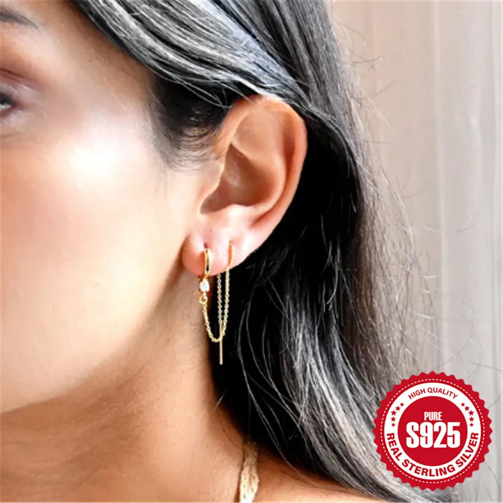 S925 sterling silver geometric earrings with flower, tassel and chain design in gold tone finish