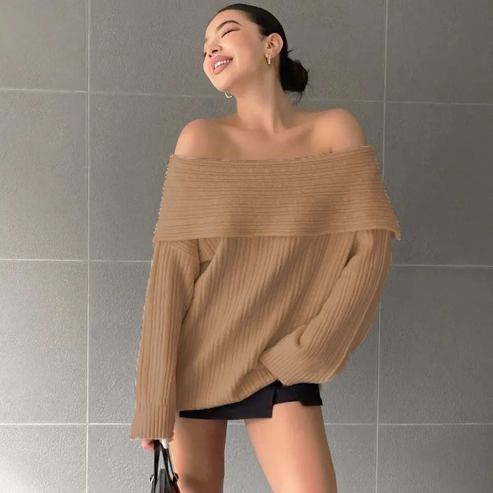 Women's loose acrylic long-sleeve pullover sweater in white, black, khaki, or red colours