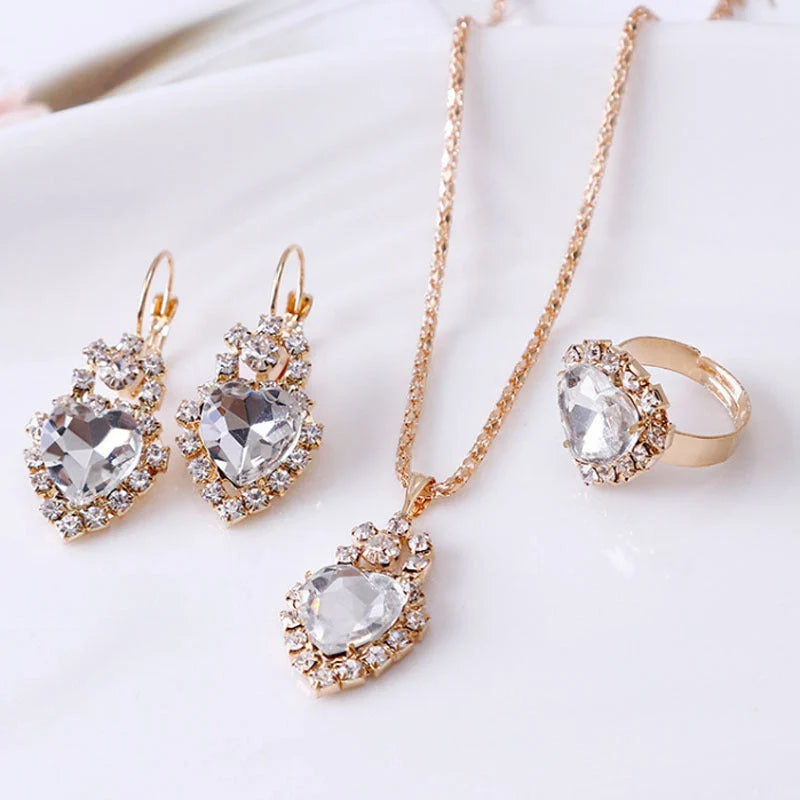 Water drop rhinestone jewellery set with adjustable necklace, earrings, and ring in various colours