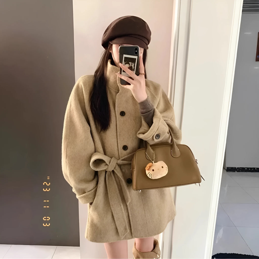 Korean style casual short woolen coat in black with button closure and conventional sleeves