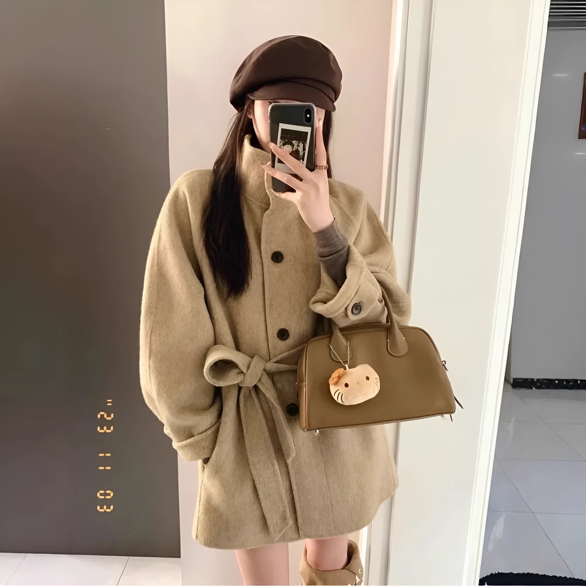 Korean style casual short woolen coat in black with button closure and conventional sleeves