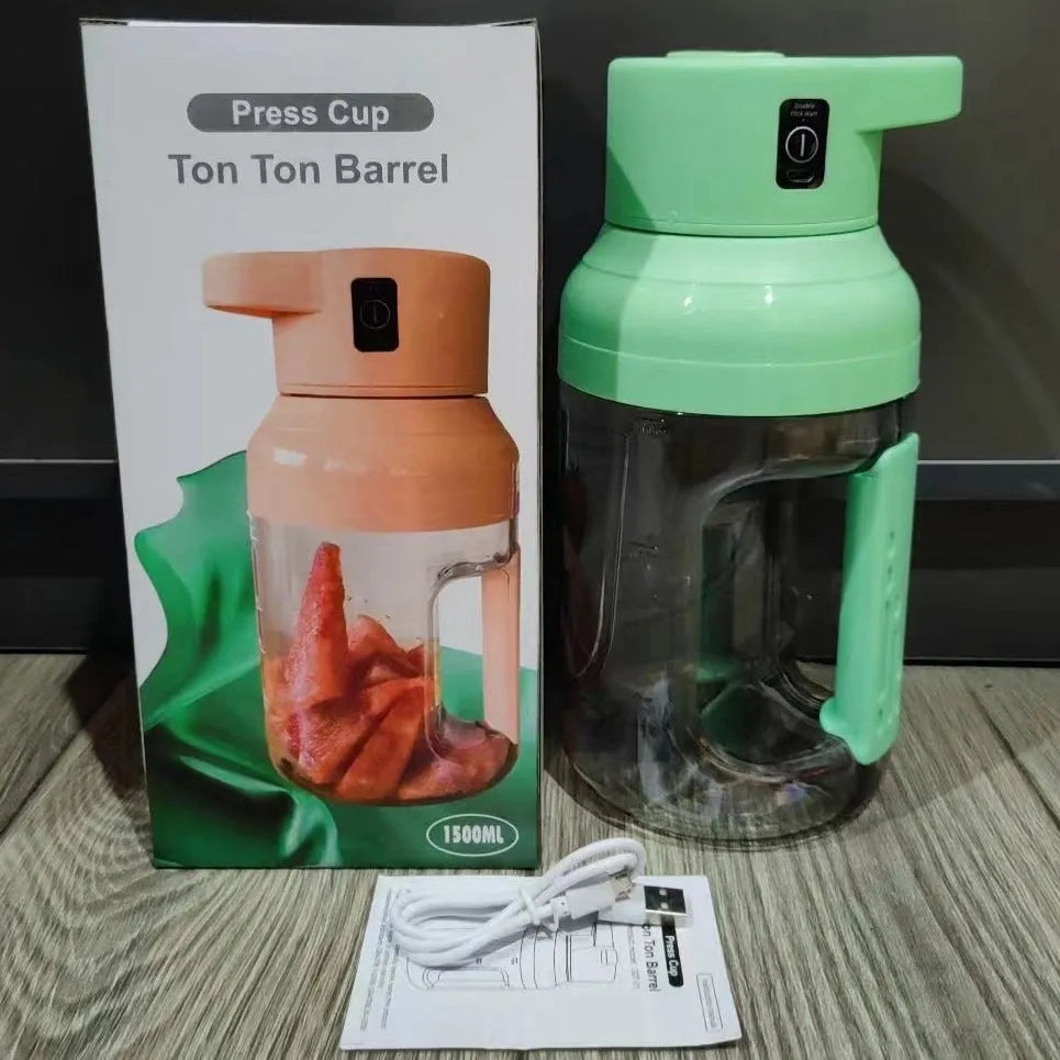 Portable electric juicer blender with 1500ml capacity, USB charging port, and eight steel blades