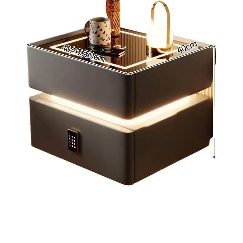 Nordic smart bed cabinet with wireless charging and Bluetooth speaker in white and black finish, wooden construction