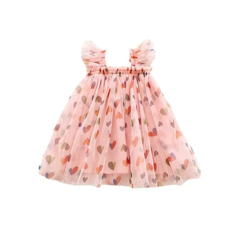 Summer cute heart print mesh girl dress with cotton lining, pink love heart colour, Korean style, suitable for 80-130cm height