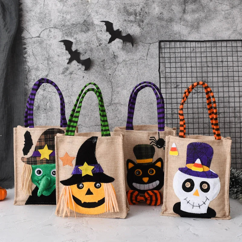 Halloween candy tote bag for kids featuring fun witch, skull, pumpkin, and black cat designs
