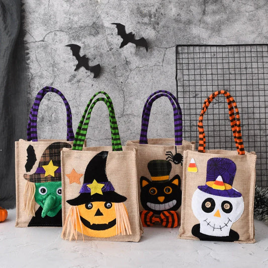 Halloween candy tote bag for kids featuring fun witch, skull, pumpkin, and black cat designs
