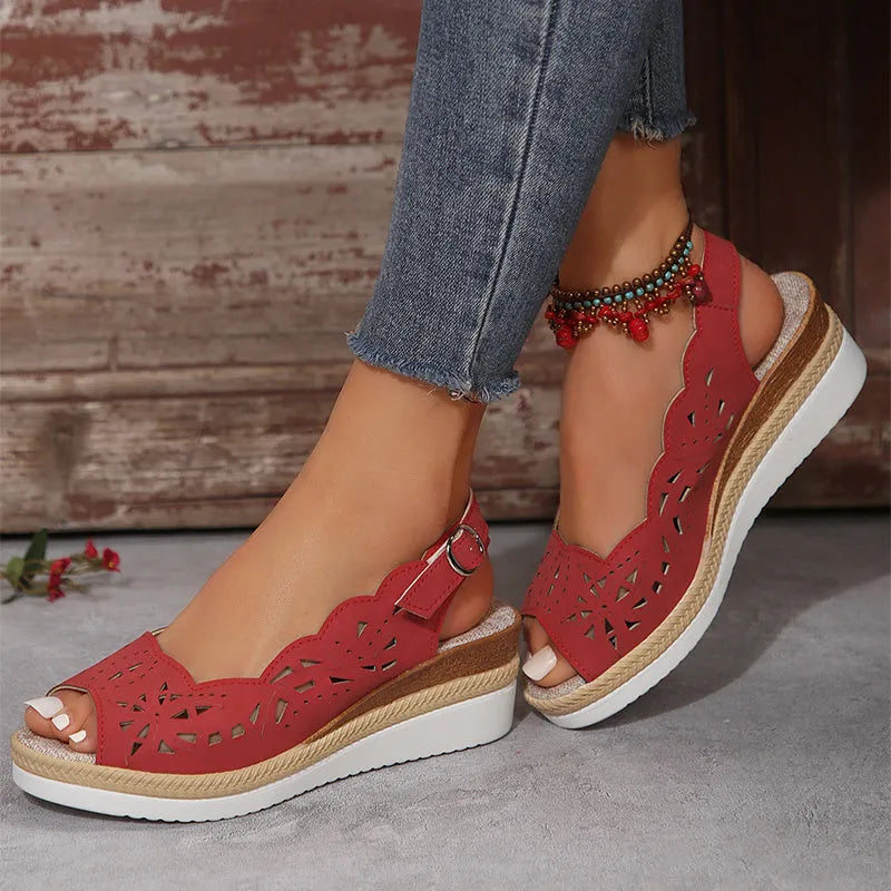 New fish-mouth wedge sandals for women summer thick sole hollow buckle roman shoes in black, light brown, red