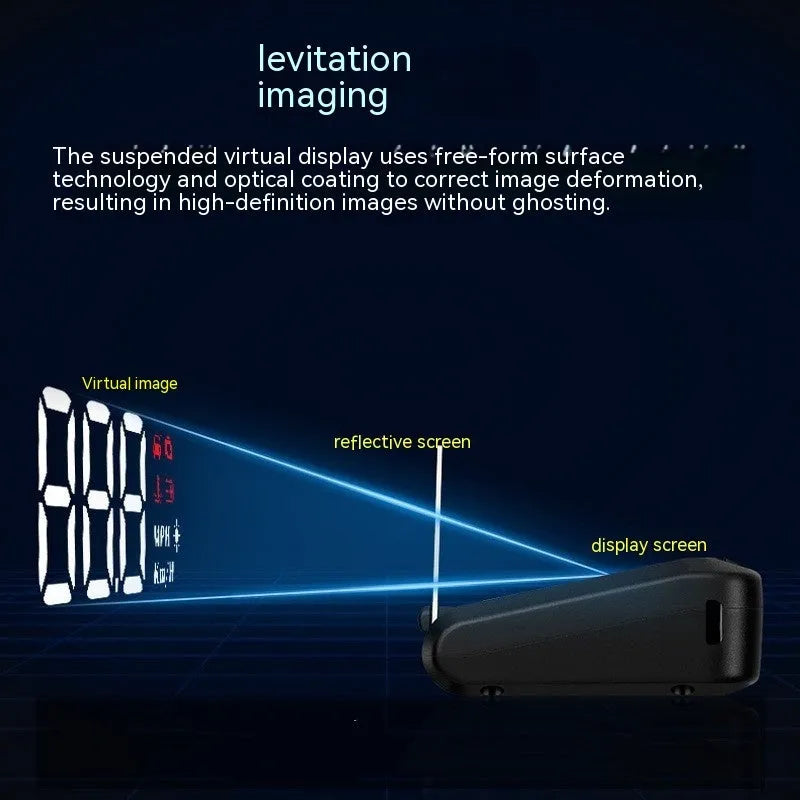 Black car head up display unit showing projected speed reading on 2 inch screen
