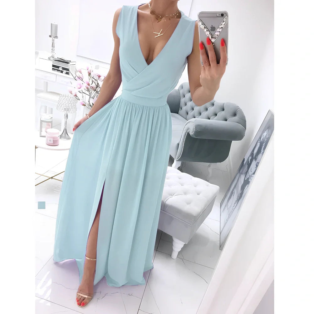 Women's apricot sleeveless V-neck maxi dress with high waist and 15-20 cm front split, polyester fabric, size M shown