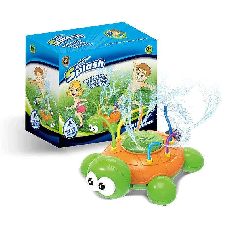 Colorful outdoor sprinkler toy with various water spray designs for backyard summer fun