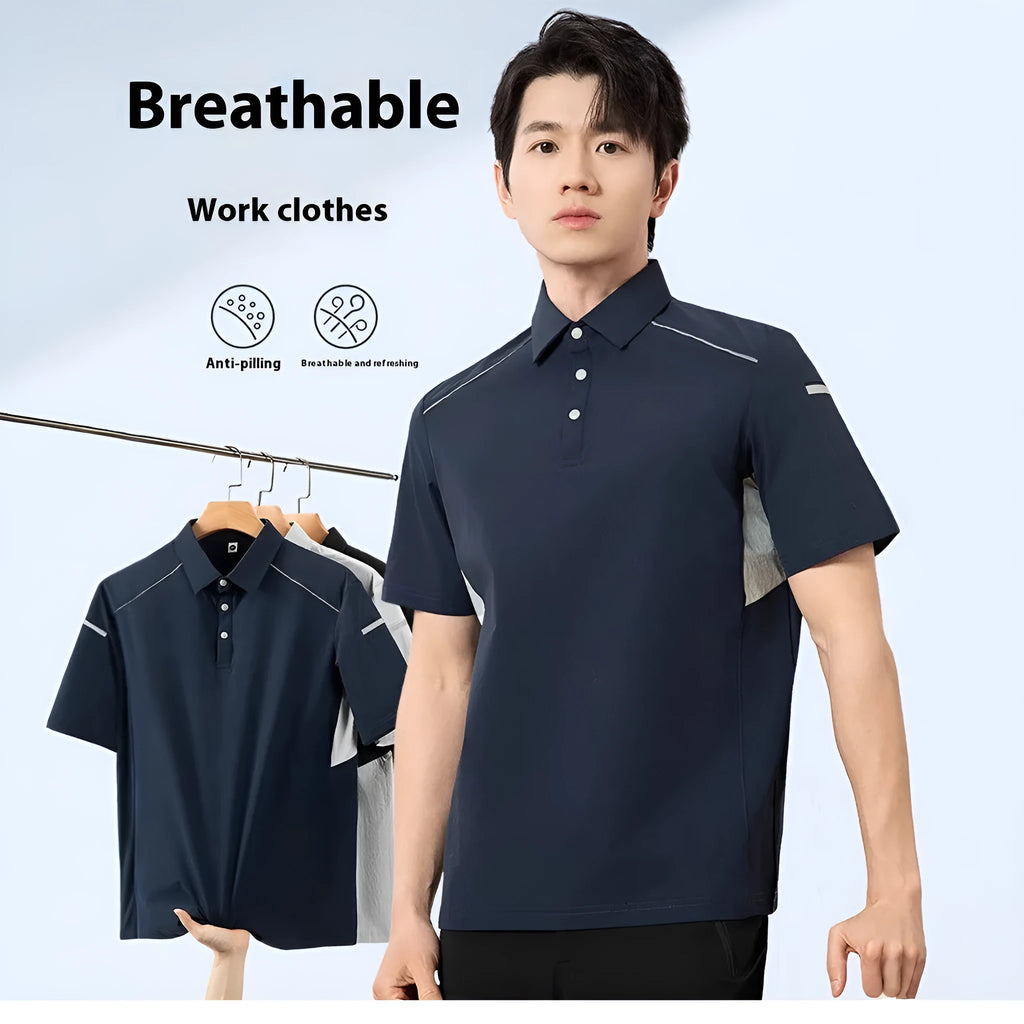 Man wearing a classic black short sleeve ice feeling quick-dry t-shirt for summer work.