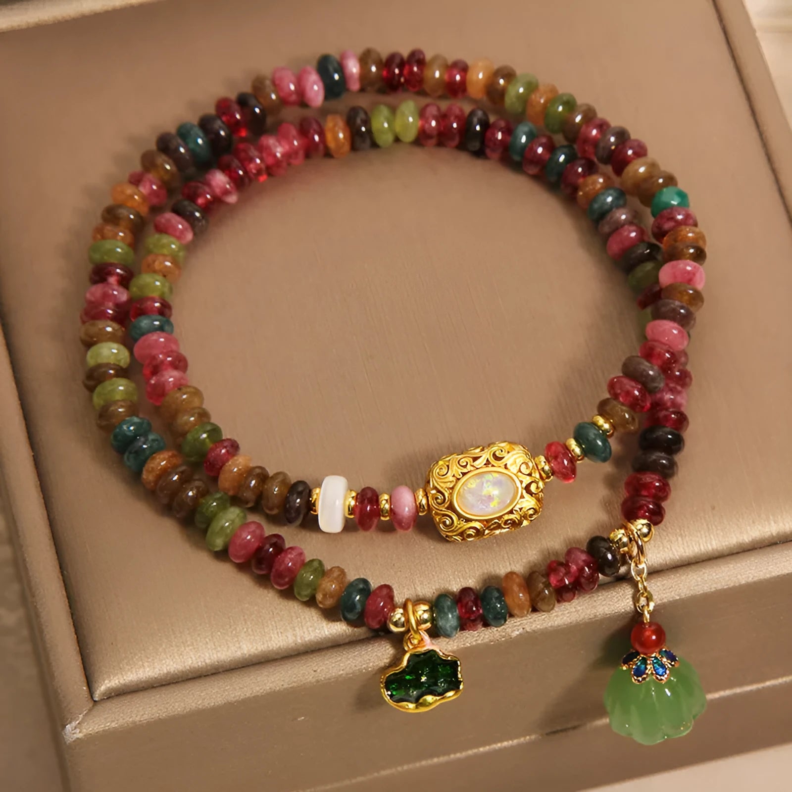 Double ring rainbow tourmaline abacus beads bracelet with lotus leaf and lotus seedpod design for women
