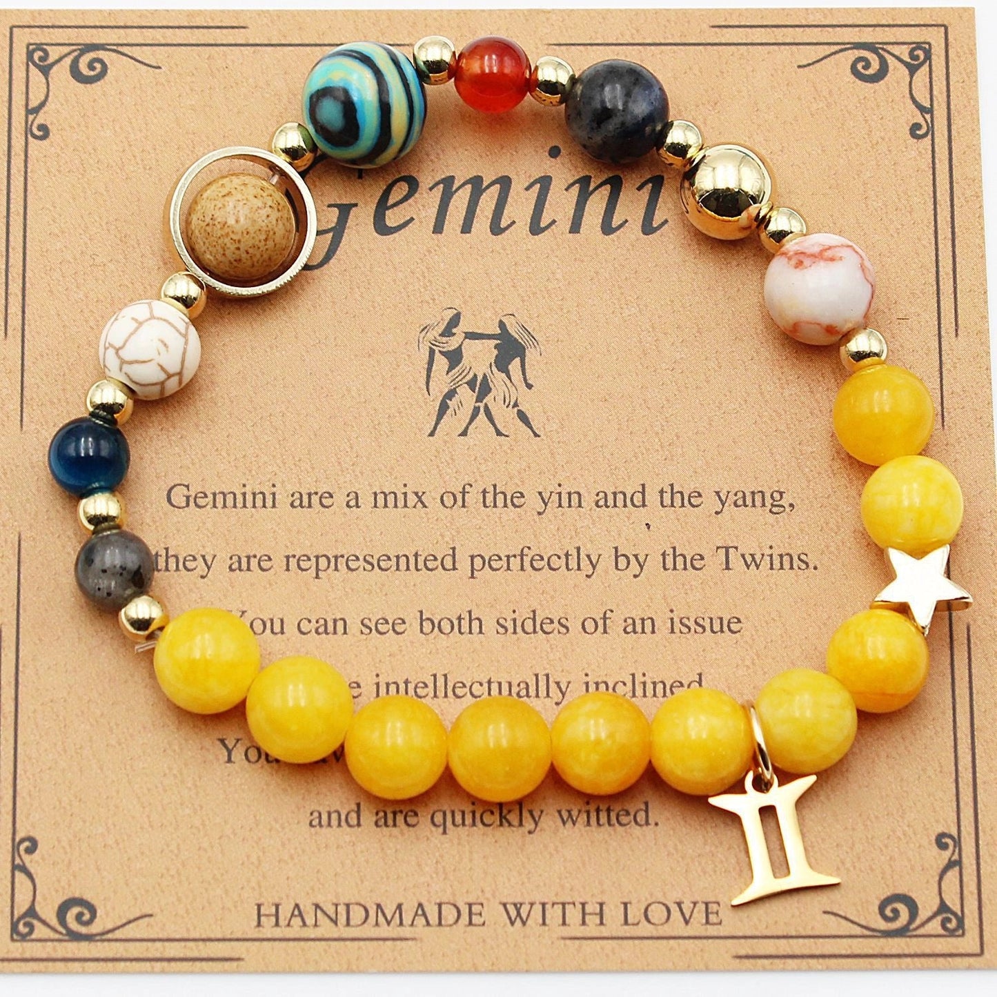 Morgan Stone beaded bracelet with twelve constellation designs, showcasing personalised zodiac signs.