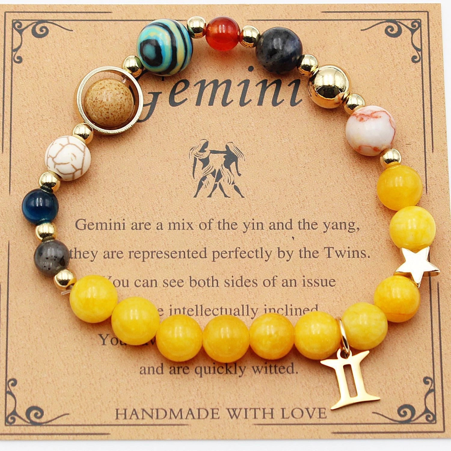 Morgan Stone beaded bracelet with twelve constellation designs, showcasing personalised zodiac signs.