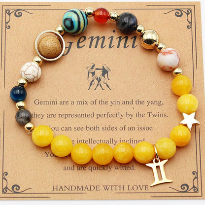 Morgan Stone beaded bracelet with twelve constellation designs, showcasing personalised zodiac signs.