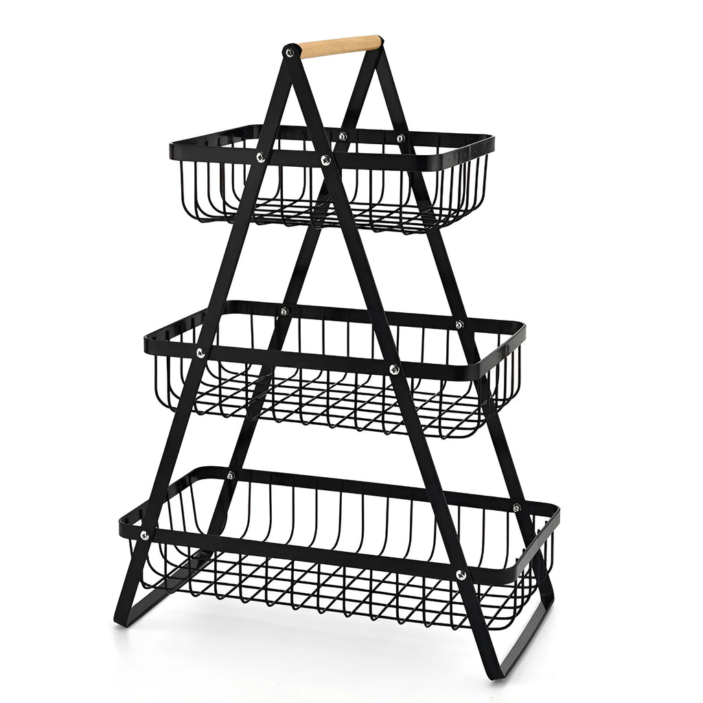 Black iron double-layer fruit basket with a wooden handle, shown with layers detached