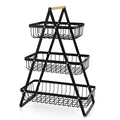 Black iron double-layer fruit basket with a wooden handle, shown with layers detached