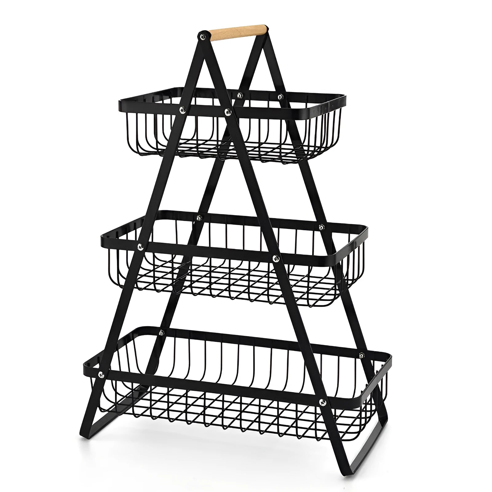 Black iron double-layer fruit basket with a wooden handle, shown with layers detached