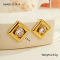 Gold geometric stud earrings with water drop zircon inlay on stainless steel