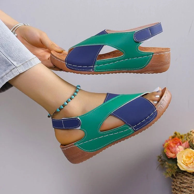 Women's summer wedges sandals with colourblock cross-strap design in various colours