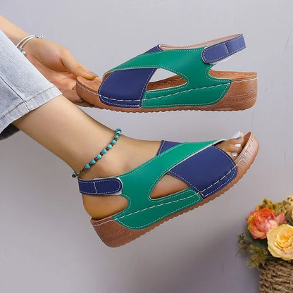 Women's summer wedges sandals with colourblock cross-strap design in various colours