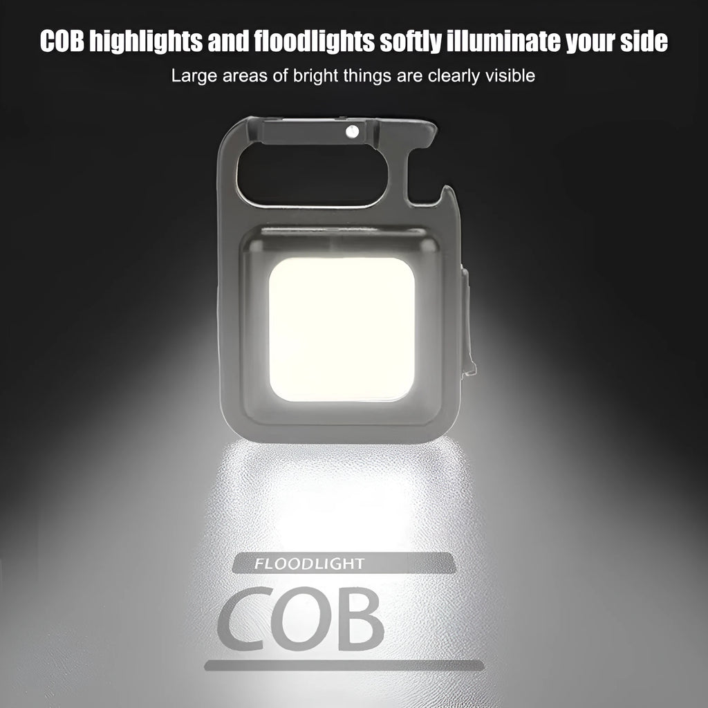 Mini rechargeable COB keychain flashlight with 400 lumens, USB cable, and hook for hands-free use as work light