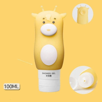 Portable travel bottles in various animal-themed designs for storing toiletries and liquids