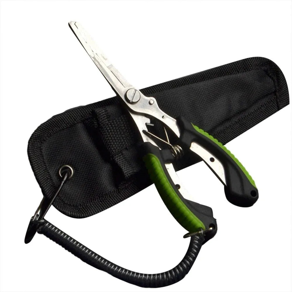 Medium straight mouth multifunctional fishing pliers with hook feature and nylon carrying strap