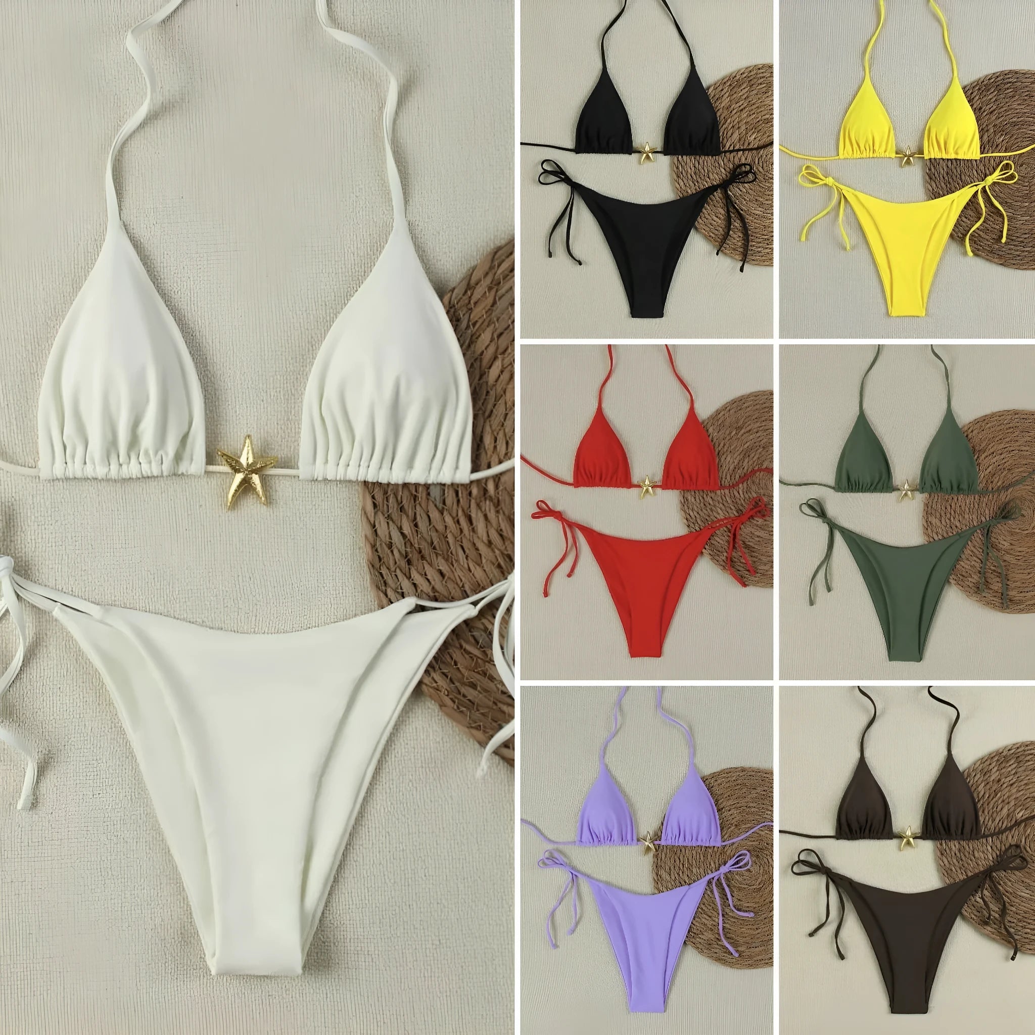 XINGX women's lace-up bikini swimsuit in creamy-white with nylon fabric and brief bottom for beach or hot spring use
