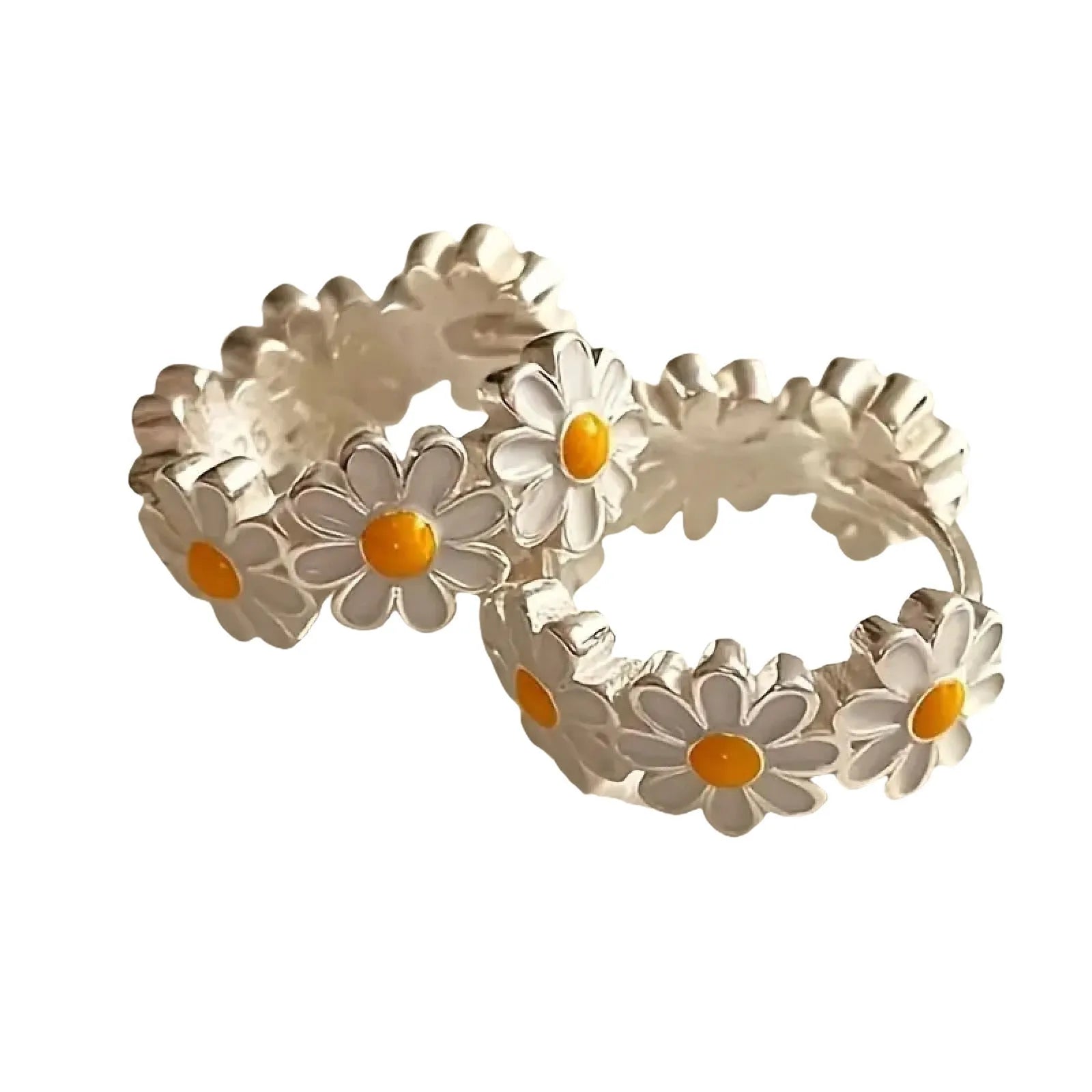 White daisy flower ring earrings with electroplated copper construction and platinum inlaid gem detailing