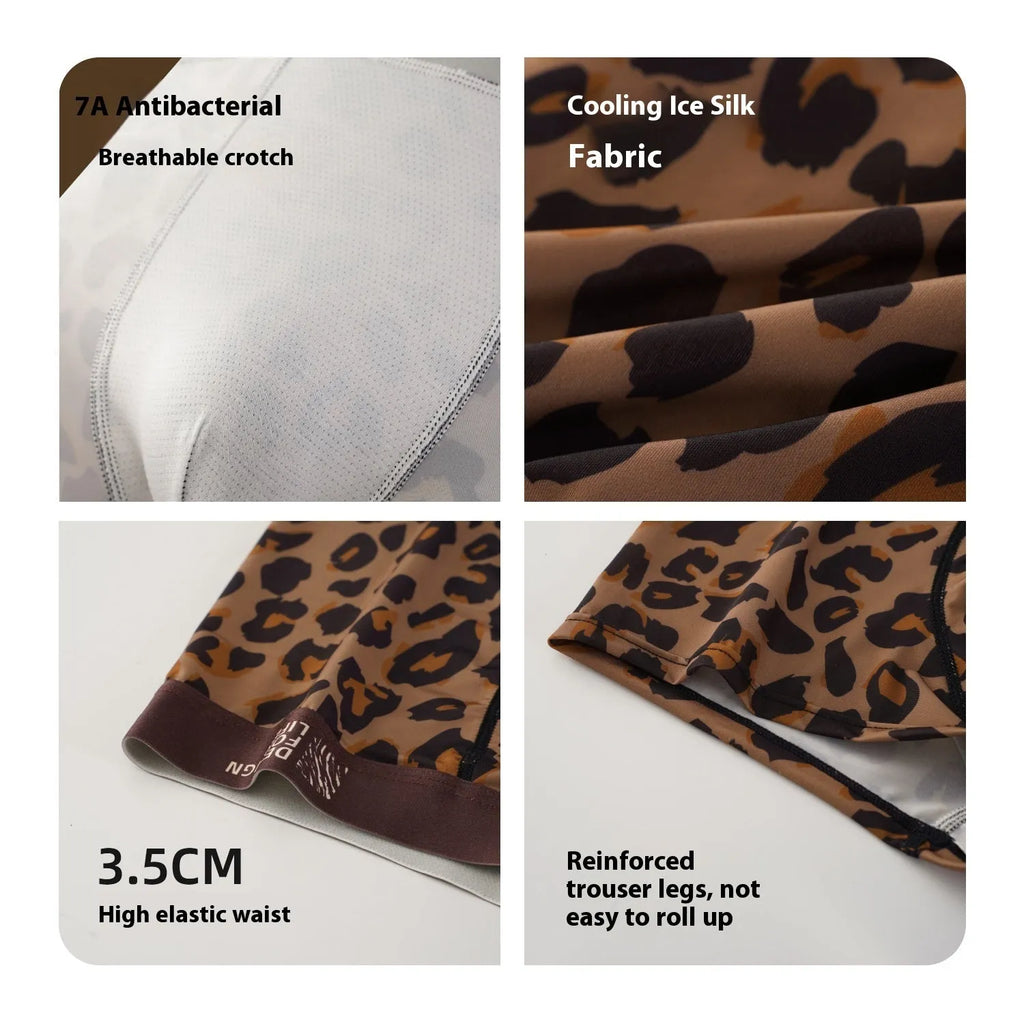 Men's leopard print ice silk underwear trousers in a folded display showing the mid waist design and patterned fabric.